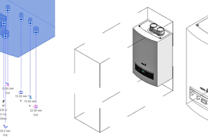  Die Informationstiefe lässt sich bedarfsgerecht steuern: Anschluss-Detail Heizkessel, Visualisierung mit Arbeitsraum, BIM-Objekt mit Einfügepunkt  