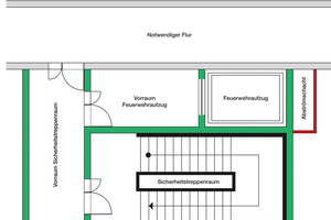 Anordnung von Sicherheitstreppenraum, Feuerwehraufzug, Vorräumen und dem notwendigen Flur 