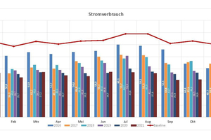  Der Stromverbrauch hat sich durch die Renovierungsarbeiten stark verringert. Ansicht der Monatsverbrauchszahlen von 2016 bis 2021 