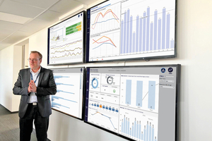  Digitales Gebäude- und Flächenmanagement live: In der Hauptverwaltung erklärt ­Digital-Experte Ingo Hüttemeyer an den Dashboards Daten zu Gebäudenutzung, auf Detailebene Luftqualität und das Waschraummonitoring, die die Grundlage von ­bedarfs- und nutzungsorientierten Workflows bilden. 