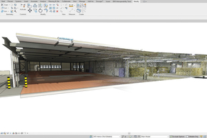  Vergleich zwischen 3D-Scan und 3D-Modell einer Produktionshalle. 