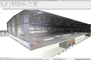  Vergleich zwischen 3D-Scan und 3D-Modell einer Produktionshalle. 