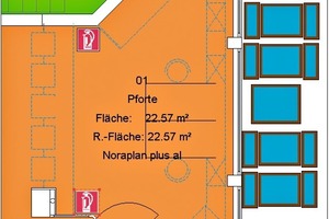  Ausschnitt aus dem CAD-Plan mit Darstellung der Brandschutz-Infrastruktur und der Fensterfläche 