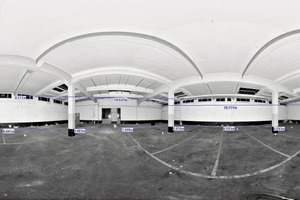  Panorama-Ansicht (Laserscan) einer Industriehalle mit ersten Maßen 