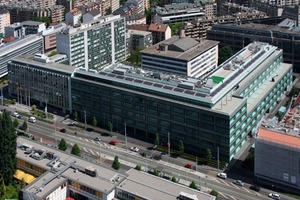  Neue Geschäftszentrale der Bank Pictet &amp; Cie im Genfer Stadtviertel „Acacias“. Durch eine konsequente CO2-Bilanzierung von Gebäude- und Geschäftsprozessen will die weltweit agierende Pictet-Gruppe von 2007 bis 2020 ihren CO2-Ausstoß um 40 % reduzieren 
