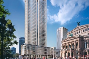  Der 170 m hohe OpernTurm im Frankfurter Westend soll 23 % weniger Energie verbrauchen als von der Energiesparverordnung EnEV 2007 gefordert. Und als eines der ersten Bürohäuser in Europa wird es mit „LEED-Gold“ zertifiziert werden 