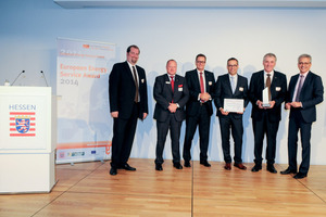  v.r. Tarek Al-Wazir (Wirtschaftsminister Hessen), Harald Volles, Stefan Schwan und Manfred Schmitz (alle Cofely), Lutz Leide (Leiter Facility Management, Bundesanstalt für Immobilienaufgaben) und der Moderator Achim Neuhäuser (BEA) 