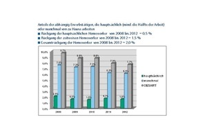  Grafik 3: Mikrozensus ist eine jährlich durchgeführte, repräsentative Großbefragung des Statistischen Bundesamtes, an der rund 380.000 Haushalte teilnehmen – und somit weitaus mehr als an Umfragen privater  Meinungsforschungsinstitute. Die darin enthaltene Thematik „Arbeit zu Hause“ wurde 1996 erstmals erfragt (Anteil knapp 10 %) 